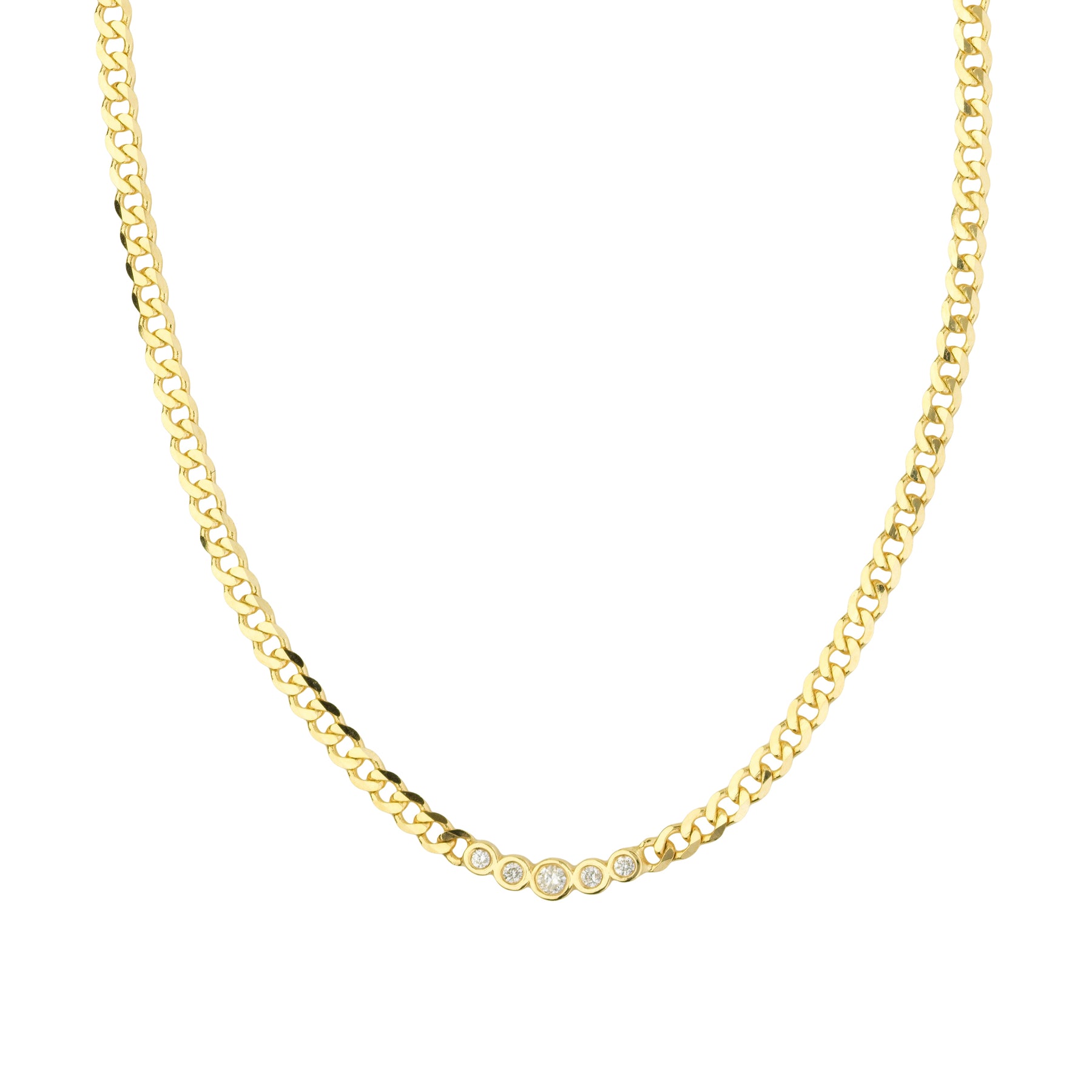 14k yellow gold 18inch curb link chain with five round bezel set diamonds