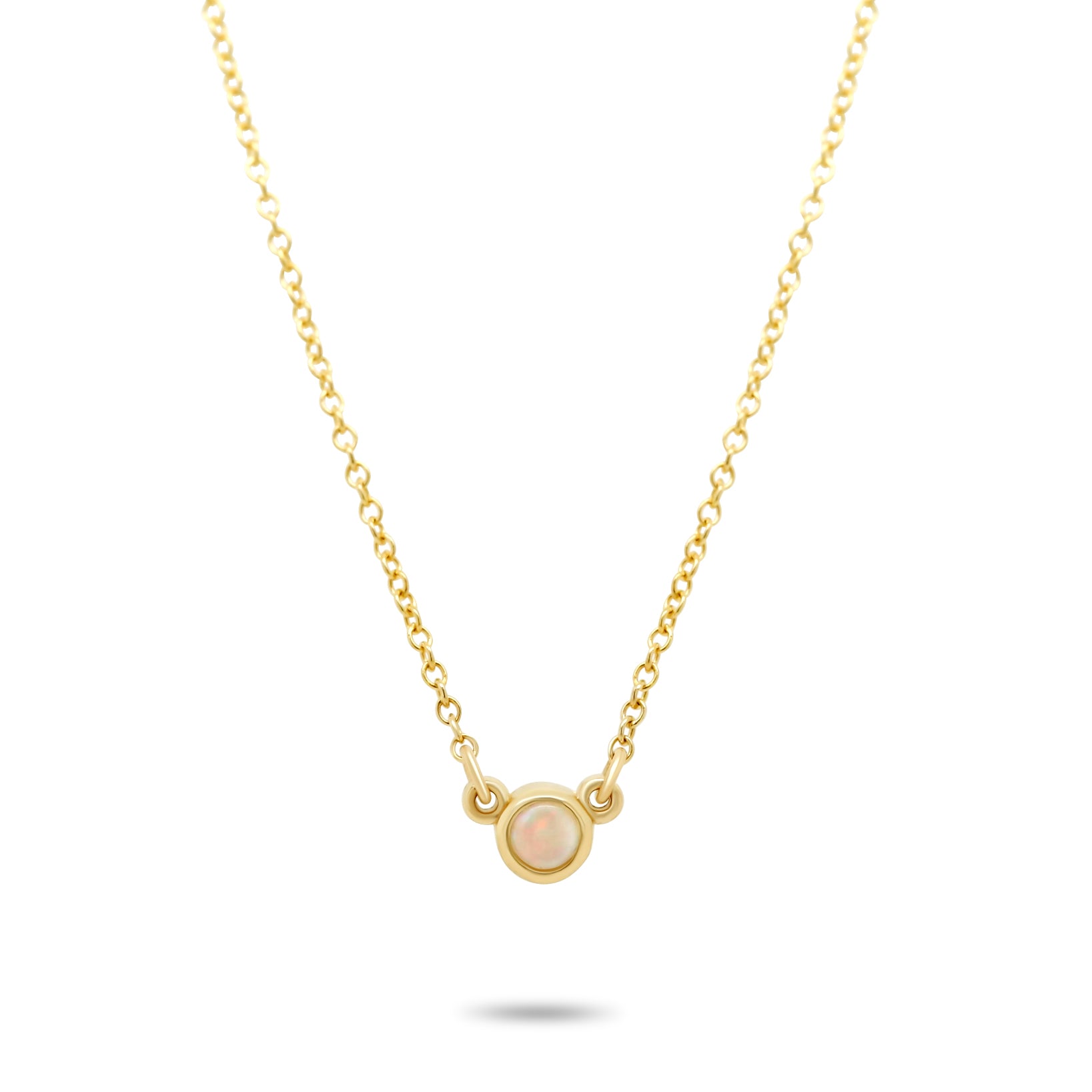dainty bezel set round opal 14k yellow gold necklace