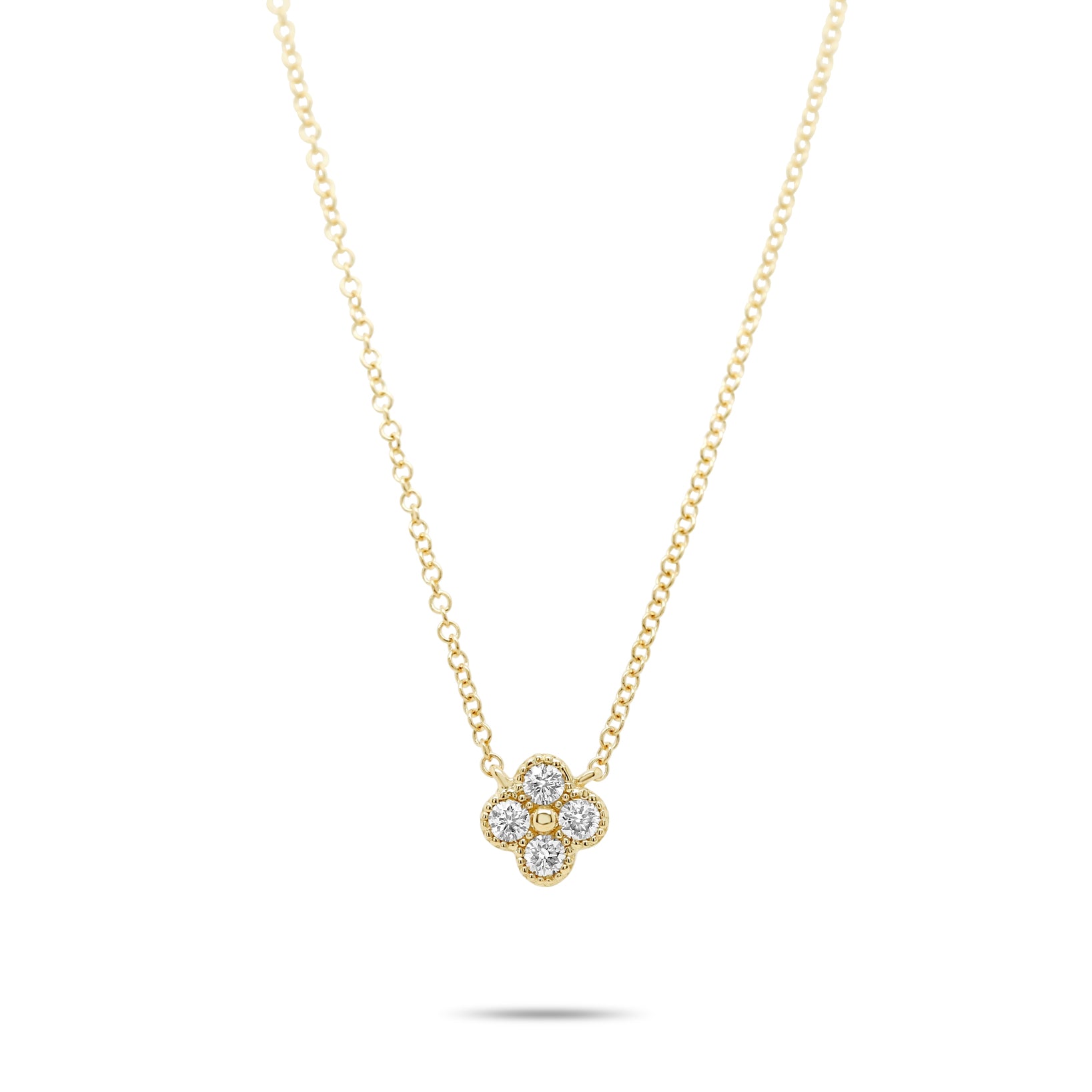 14k gold four diamond clover milgrain gold bead necklace