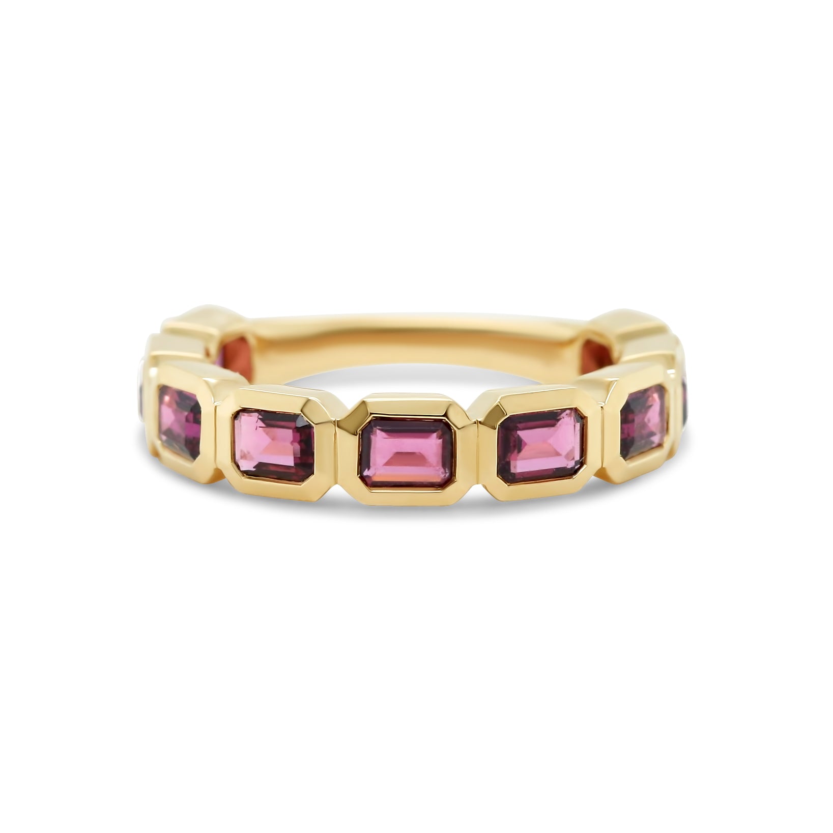 14k yellow gold bezel set east west emerald cut garnet white topaz peridot gemstone ring