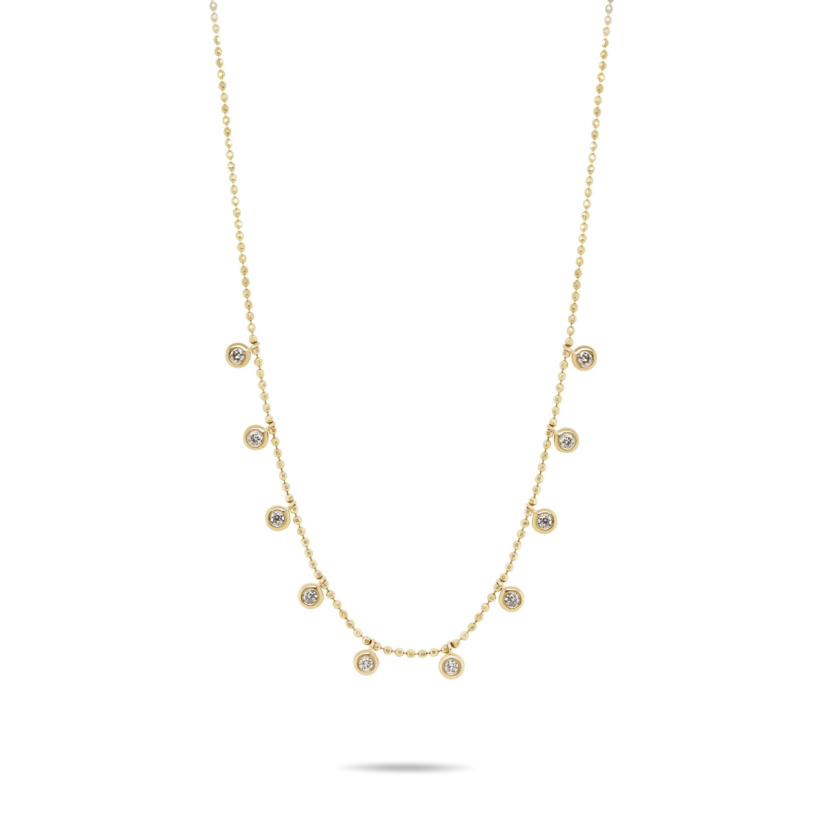 14k yellow gold diamond bead cut chain with bezel set diamond dangle charms necklace