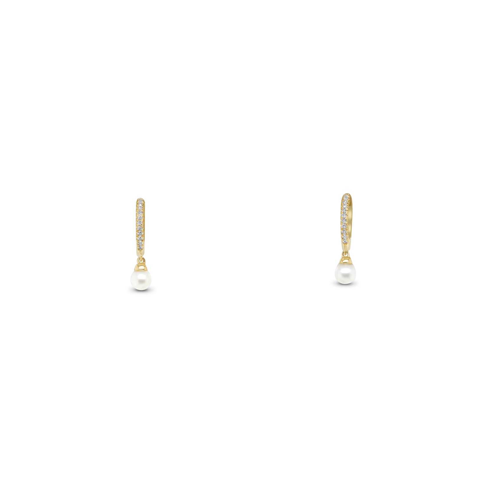 14k yellow gold diamond pave huggie hoop earrings with pearl dangle