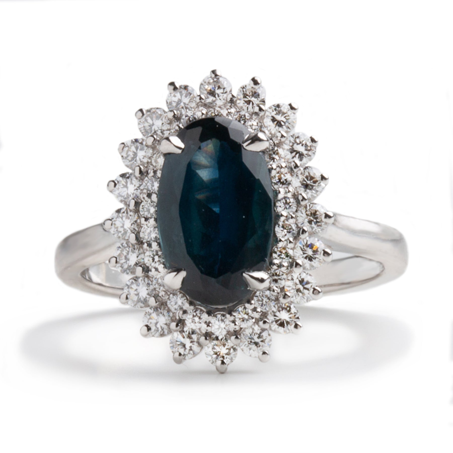 14k white gold 2.89ct oval cut blue sapphire double diamond halo statement ring