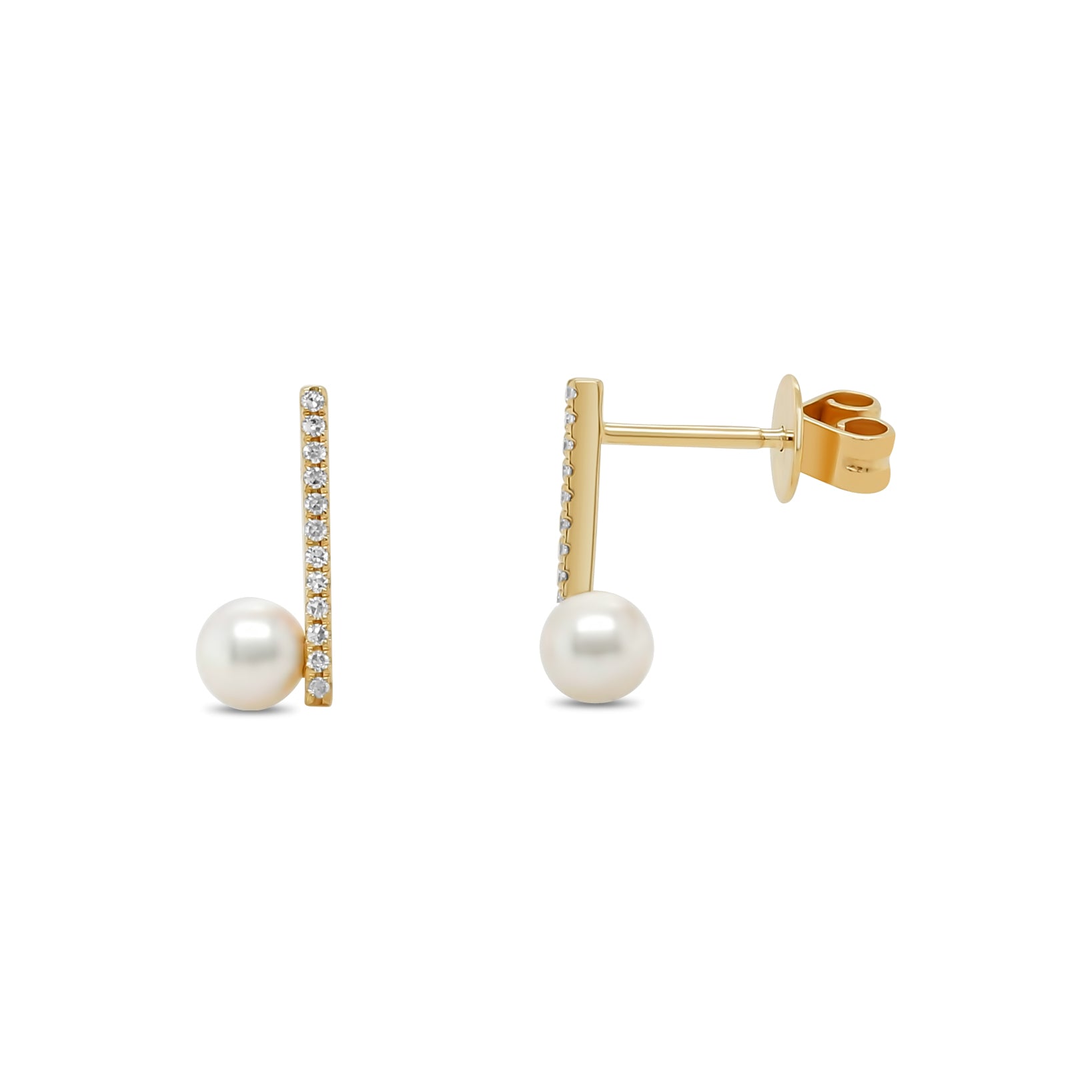 14k yellow gold and diamond pave bar stud earrings with pearl