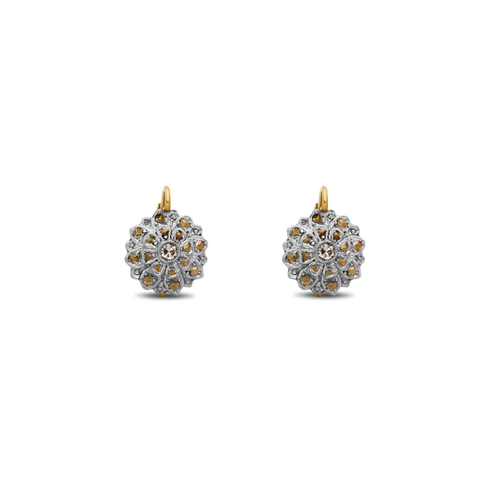14k yellow and white gold estate dangle earrings antique rose cut diamond flower bead milgrain detailing