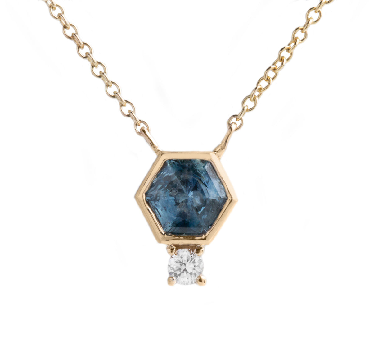 0.70ct hexagon shape Montana sapphire bezel set accent diamond pendant necklace