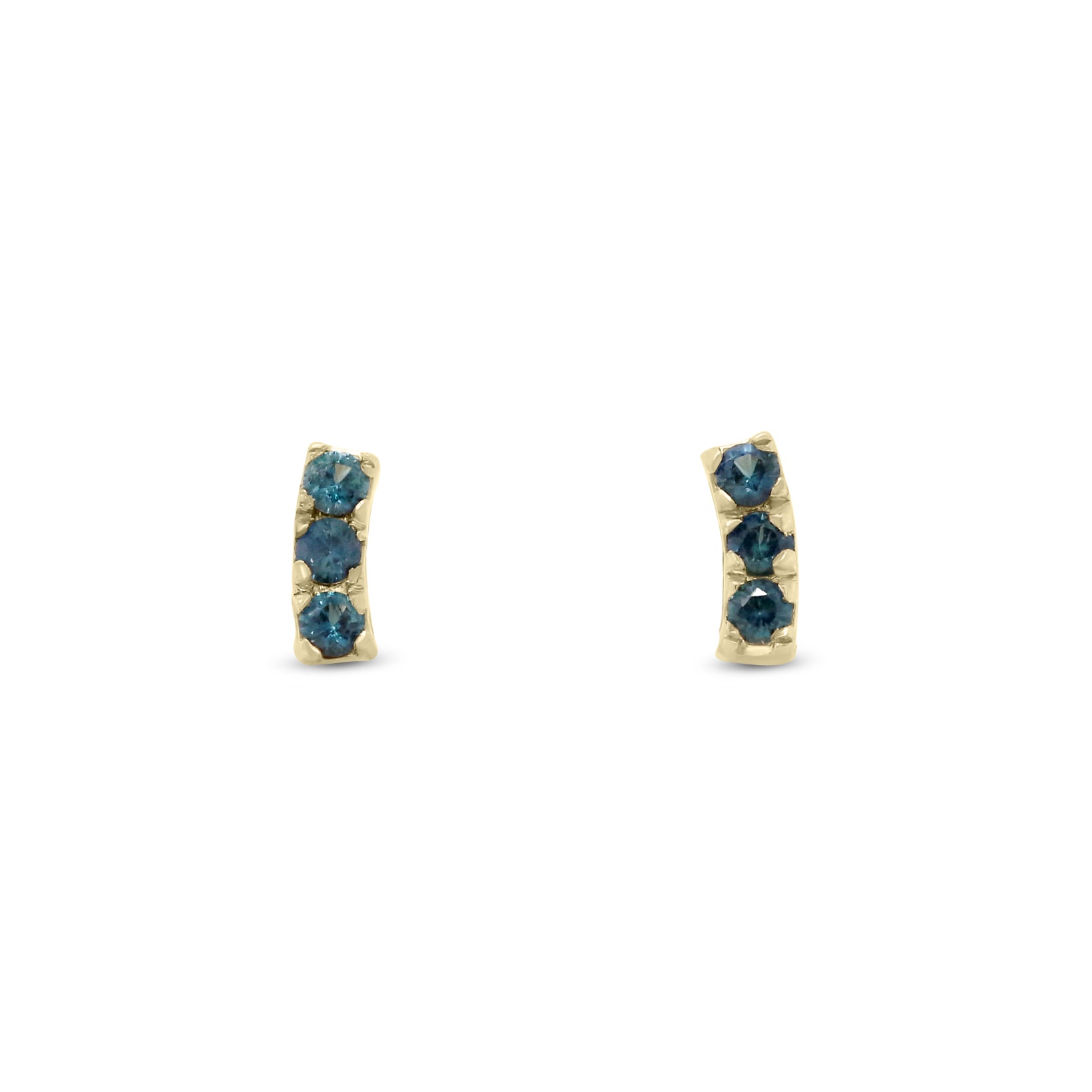 14k yellow gold three-gemstone curve bar stud earrings emerald ruby sapphire