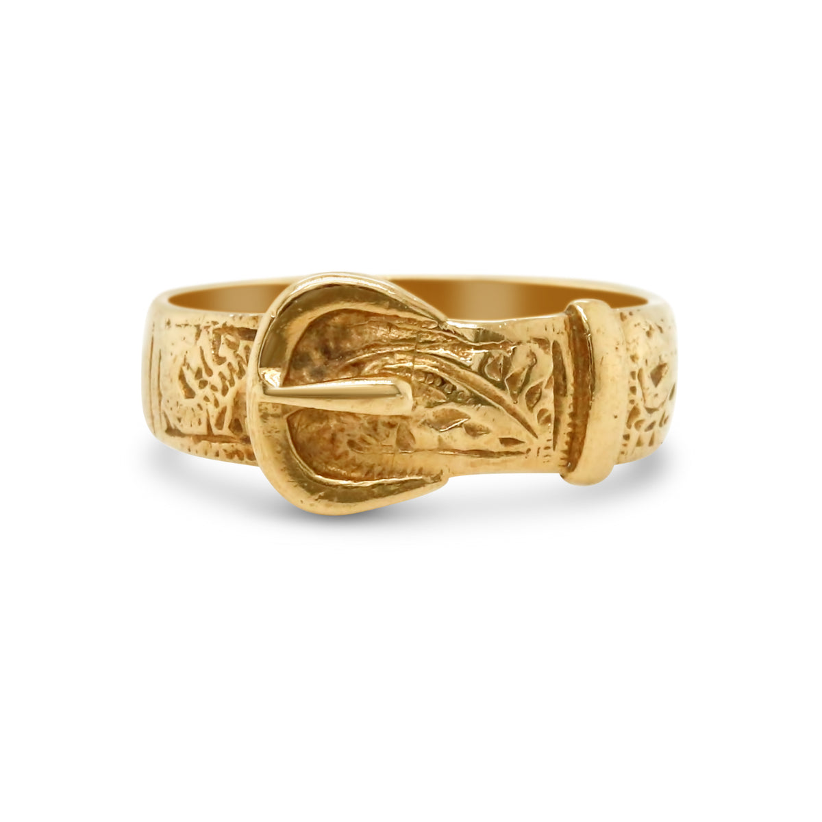 9k gold English buckle ring band with hand engravings