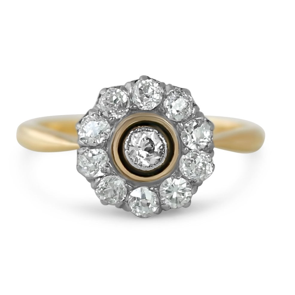 18k yellow gold antique victorian flower diamond engagement ring with old mine cut diamonds