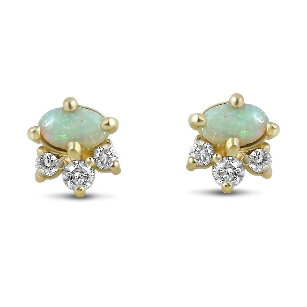 14k yellow gold cabochon cut opal and round brilliant cut diamond stud earrings