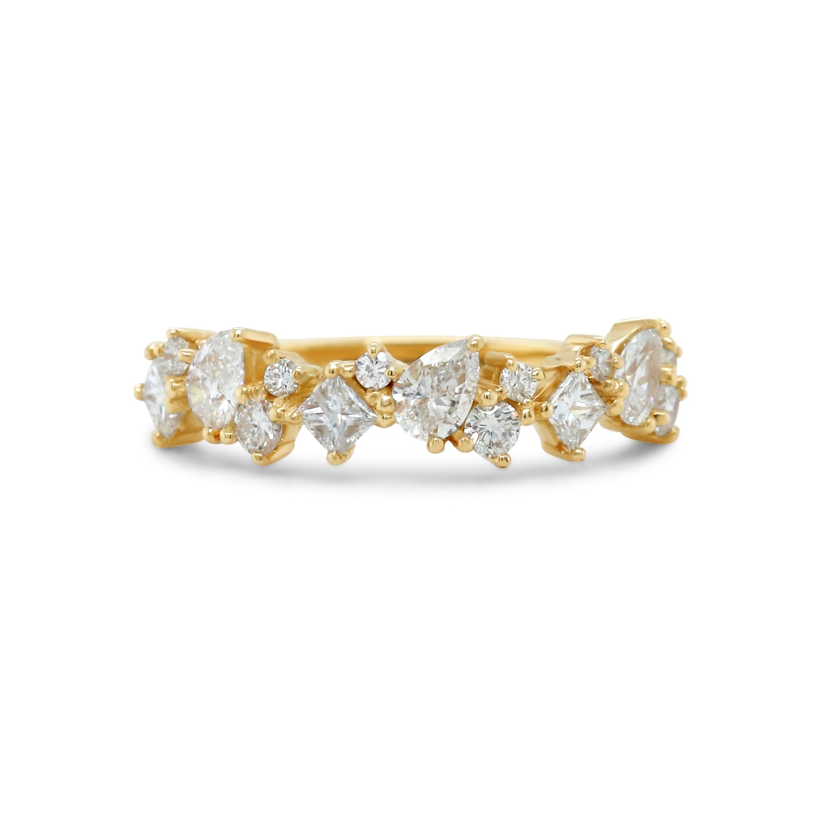 14k yellow gold white gold cluster ring round square pear shape diamonds prong set gender neutral