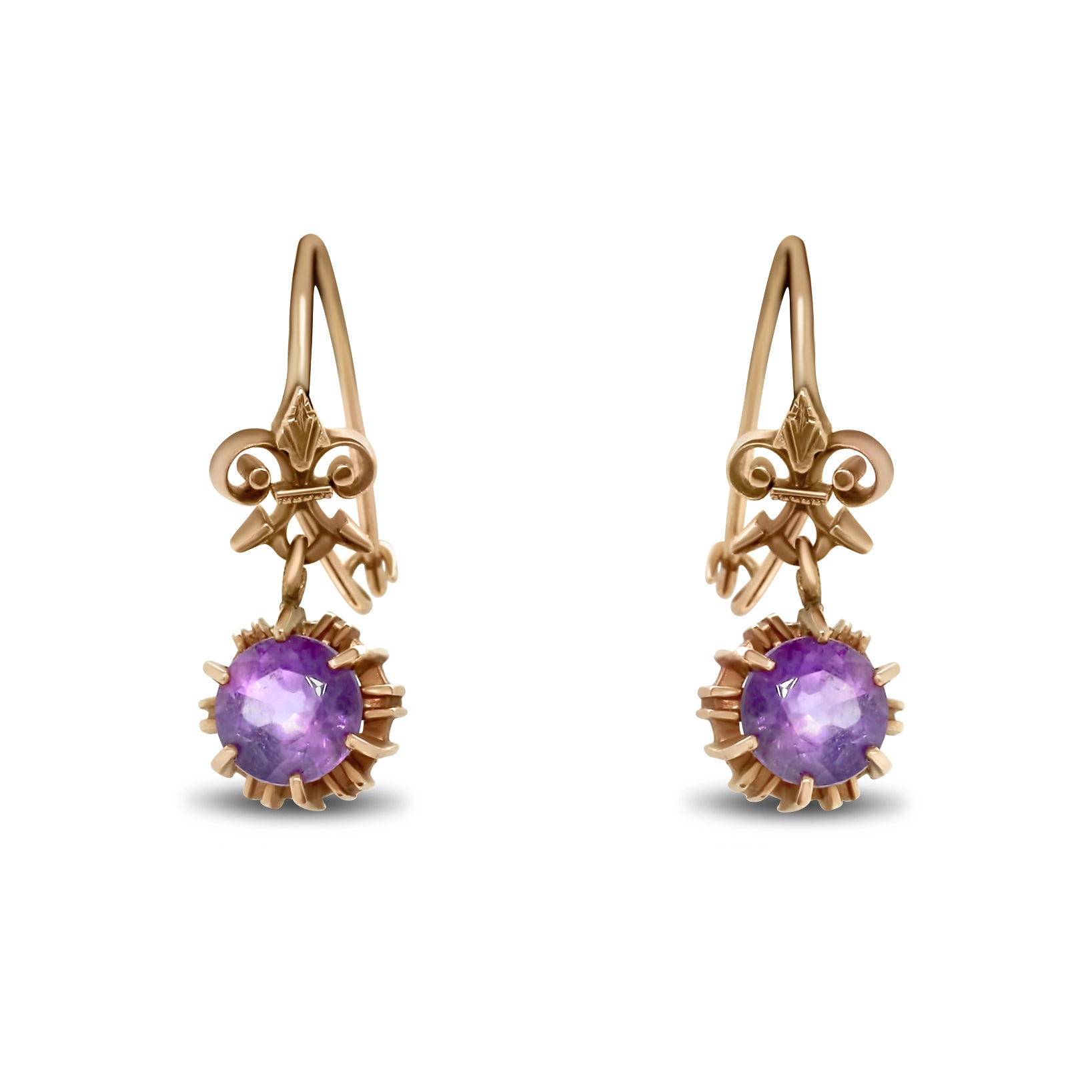 10k yellow gold estate dangle earrings amethyst open back claw prong fleur de lis detailing