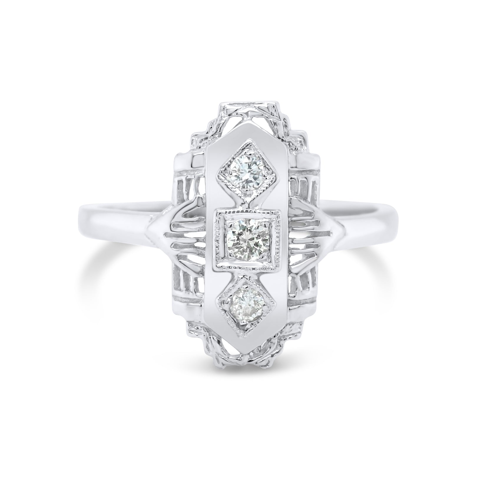 14k white gold 3 diamond filigree estate dinner ring