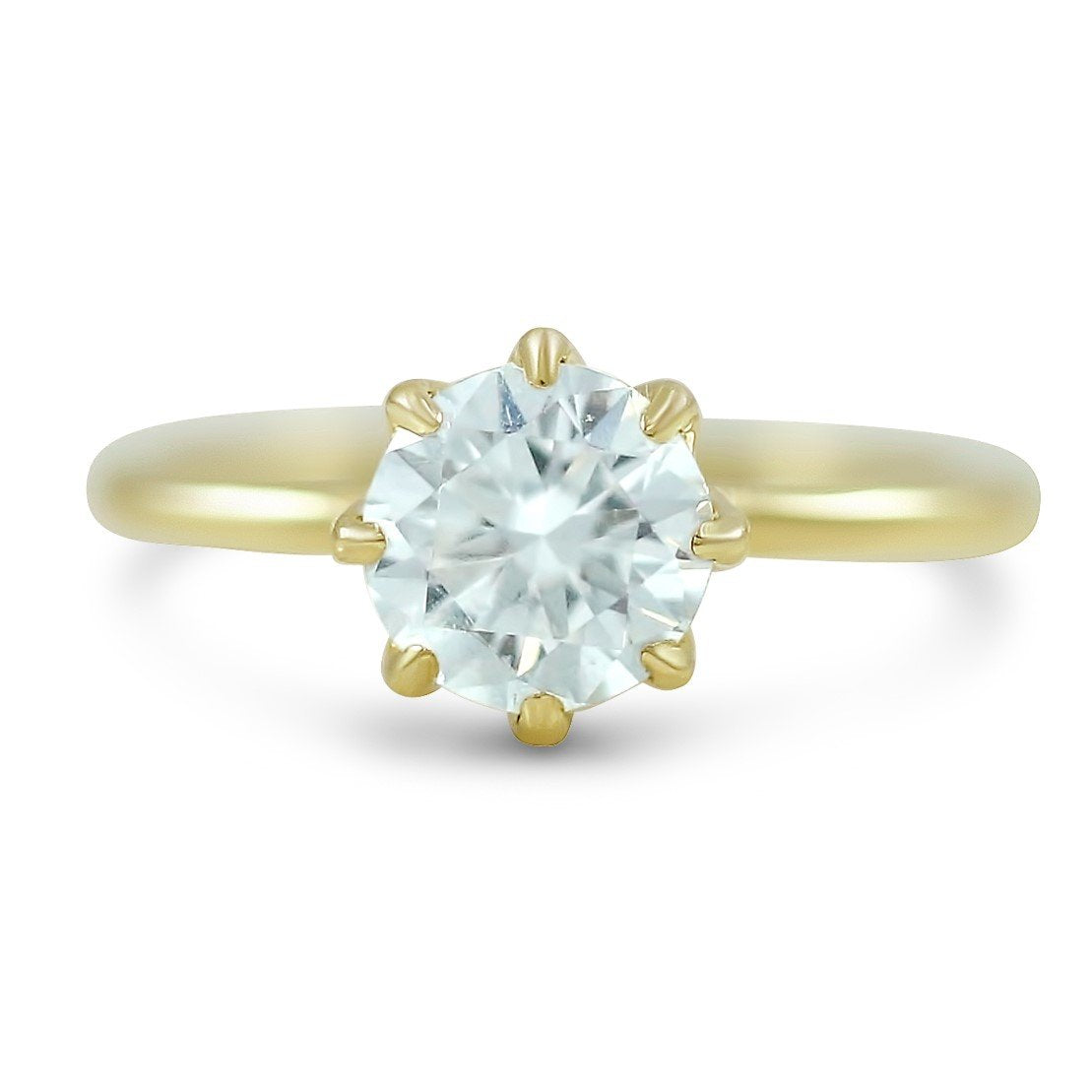 8 prong round diamond engagement ring with yellow gold band a hidden diamond halo also available in white or rose gold