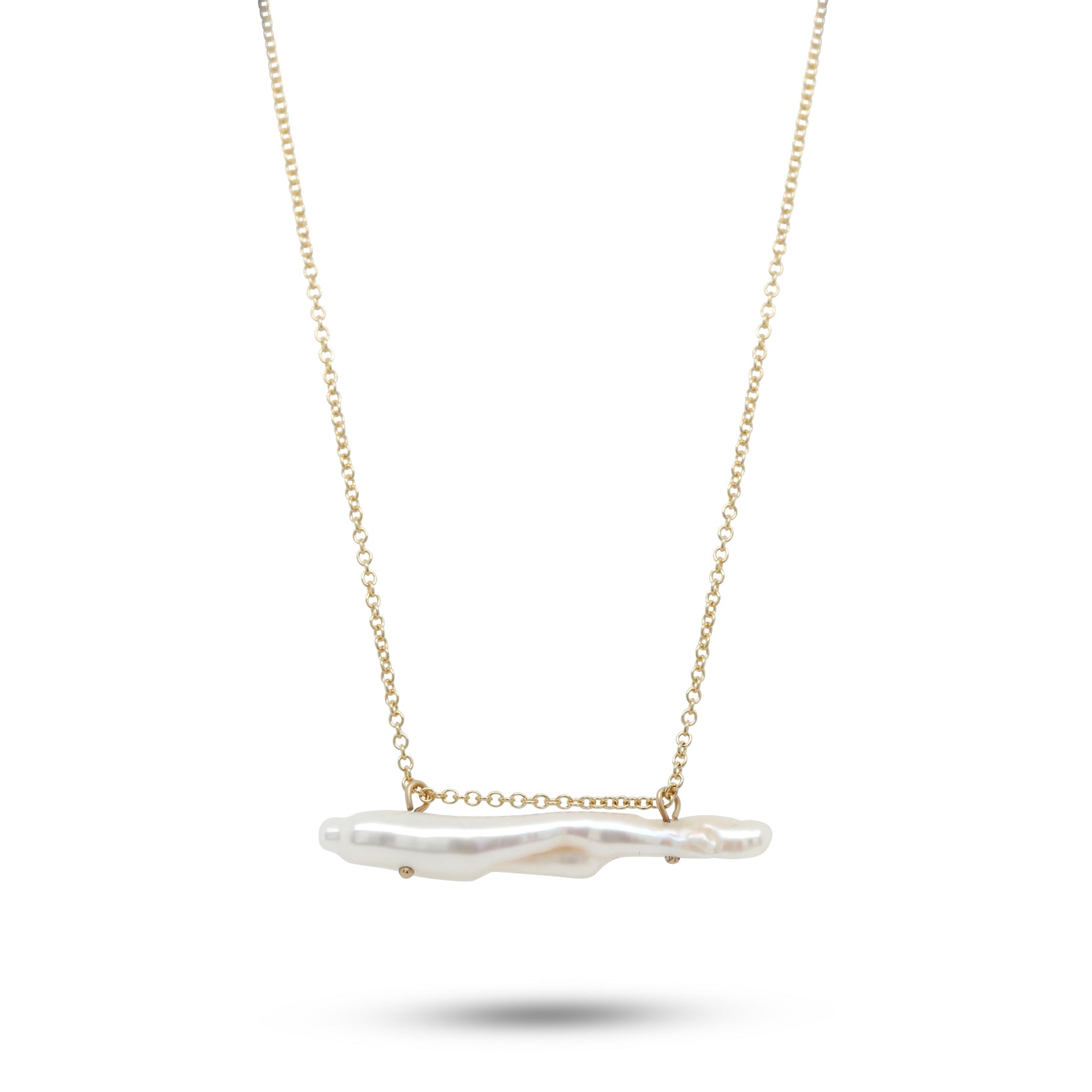 14k yellow gold elongated east to west organic keshi pearl slide pendant necklace
