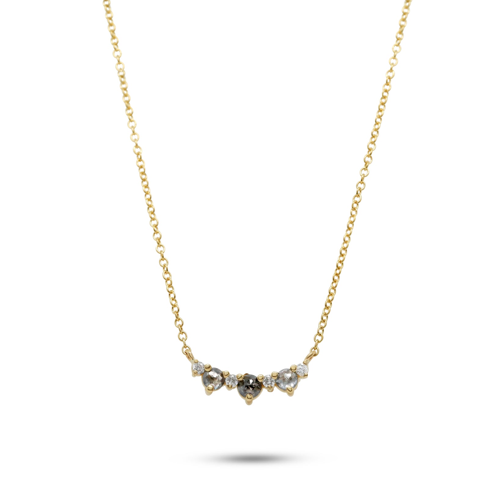 14k yellow gold gray to dark gray round rose cut diamond with round brilliant cut accent diamond necklace