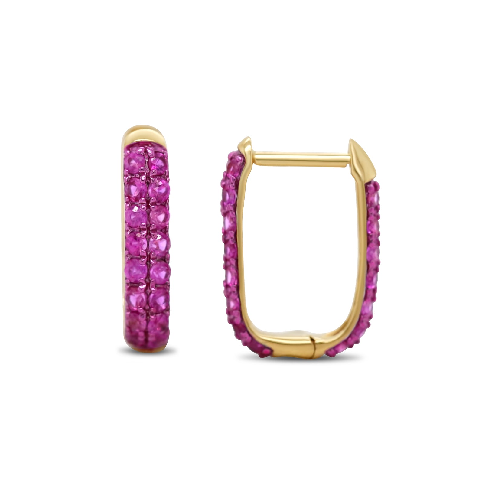 14k yellow gold eternity double row ruby pave elongated huggie hoop earrings