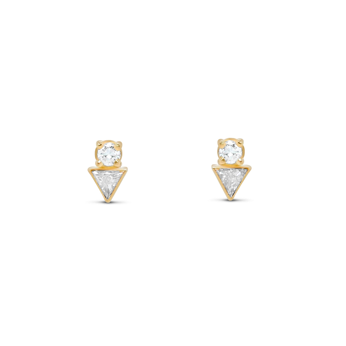 14k yellow gold bezel set triangle diamond with round diamond set four prong stud earrings