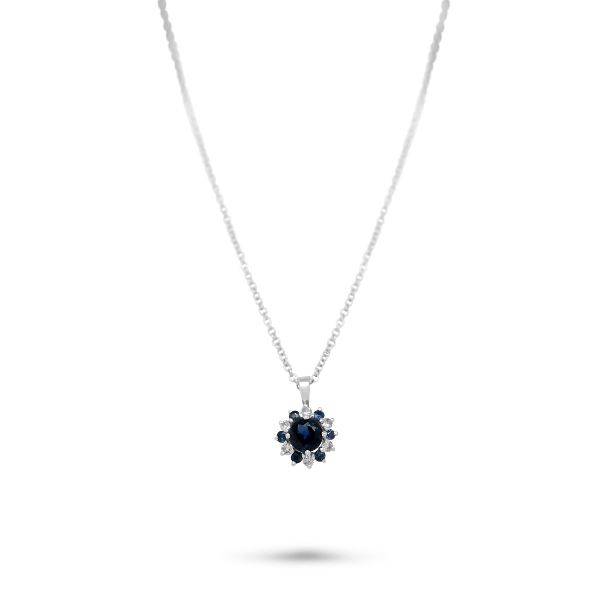14k white gold modern estate pendant blue sapphire diamond flower necklace