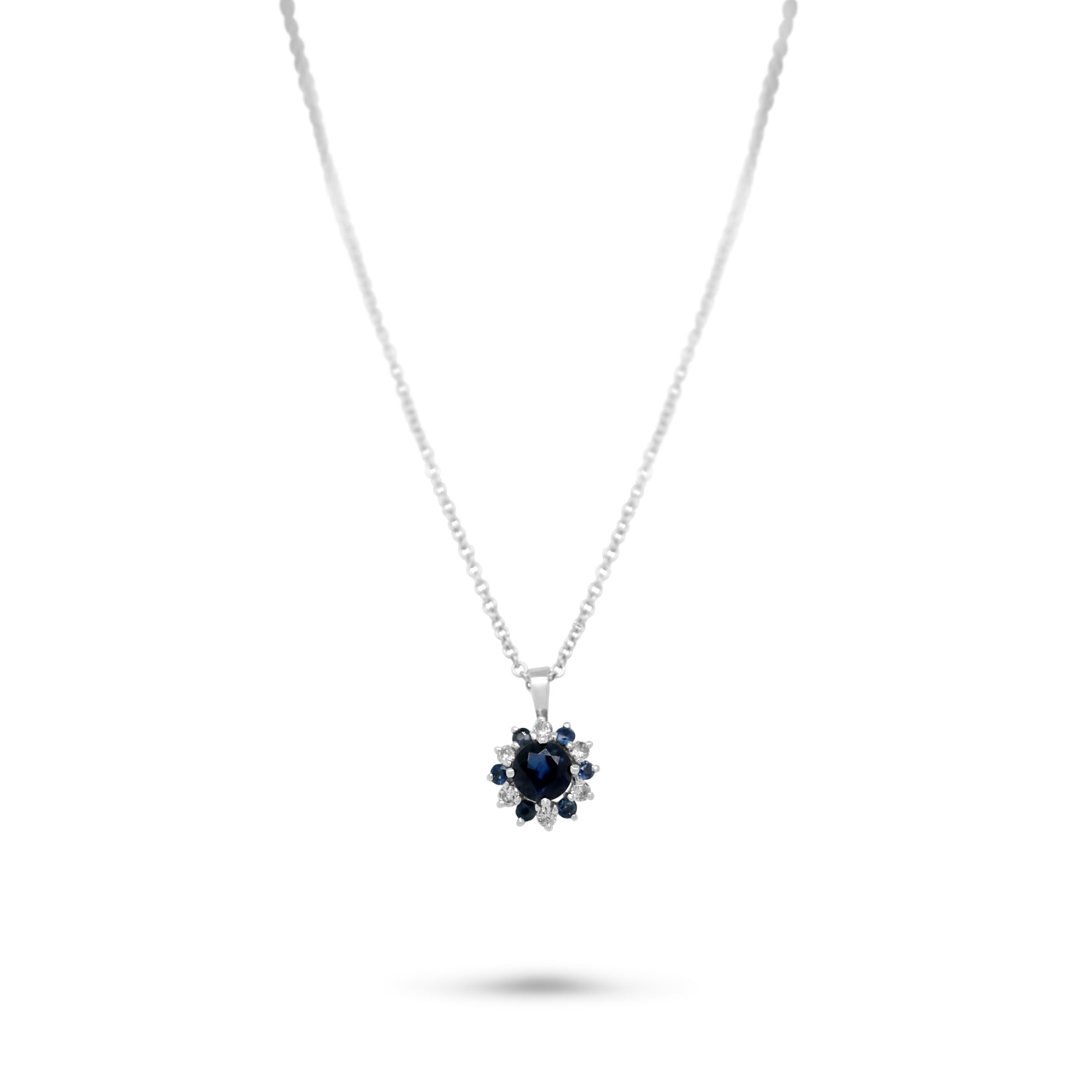 14k white gold modern estate pendant blue sapphire diamond flower necklace