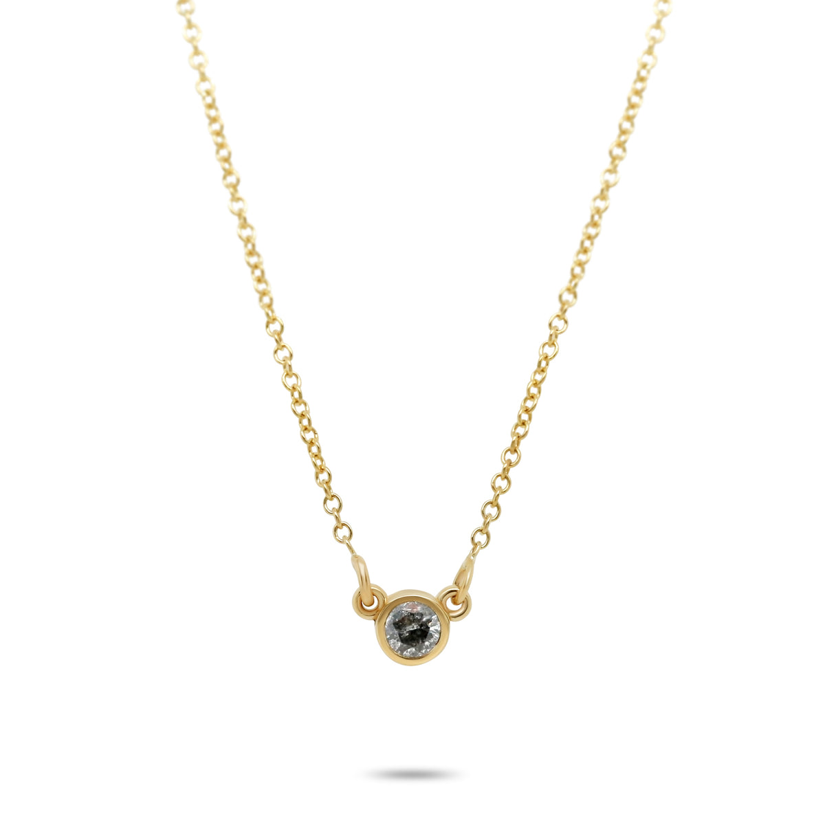 14k yellow gold round bezel set gray diamond necklace