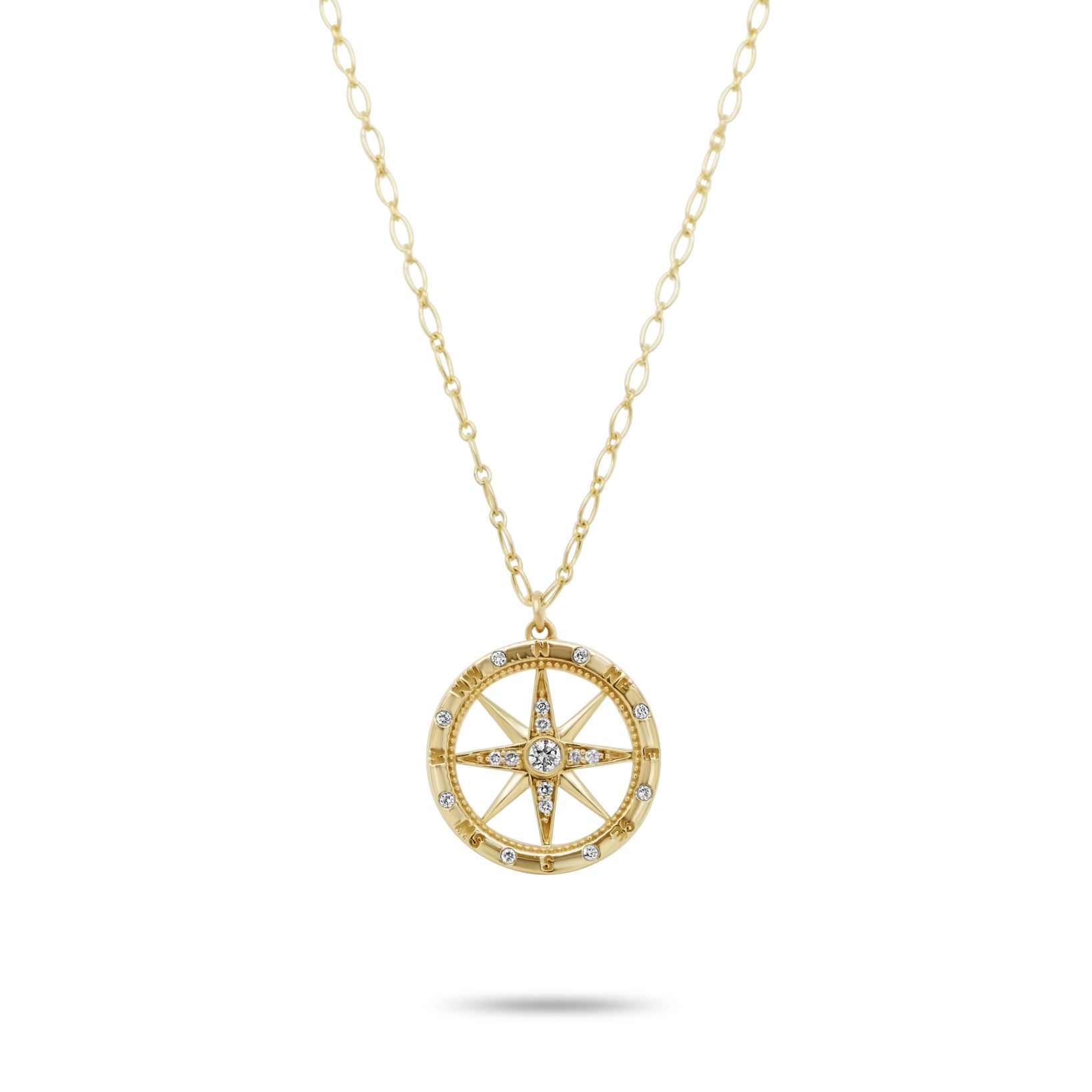 14k yellow gold diamond compass pendant necklace on flat link chain