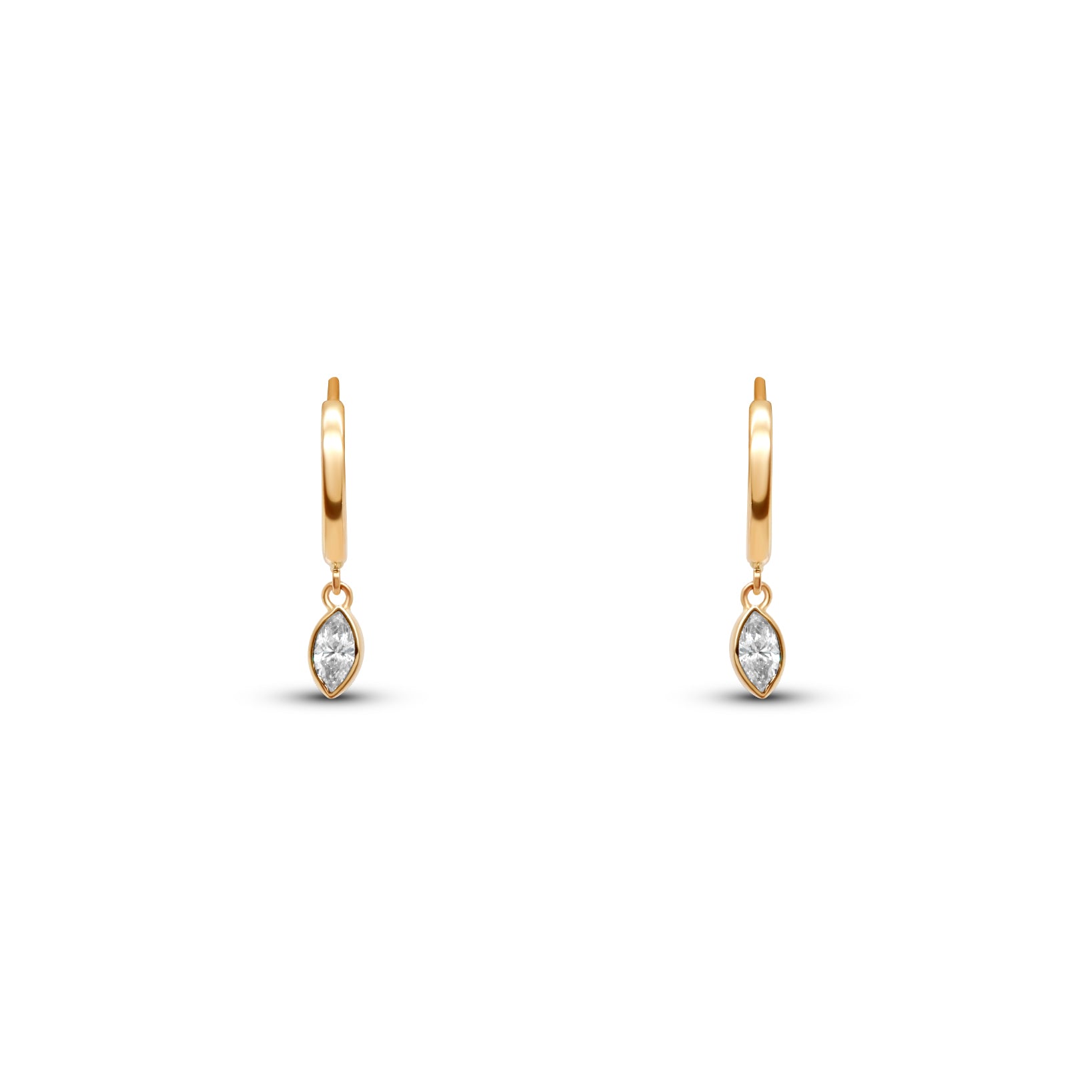 14k yellow gold bezel set marquise cut diamond dangle charm on huggie hoops
