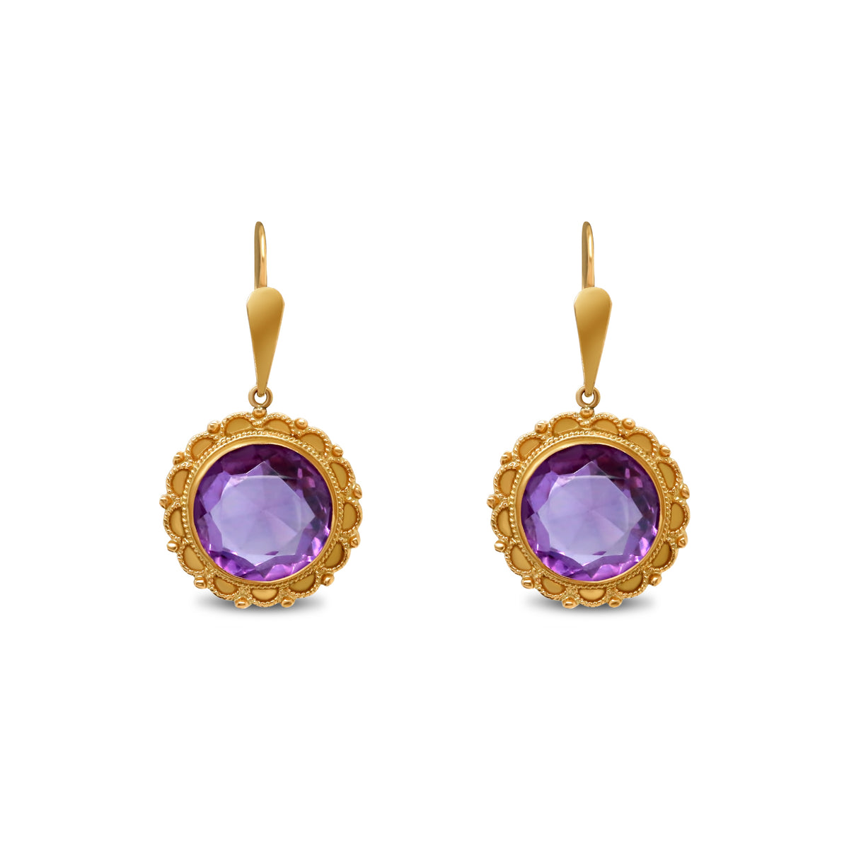 14k yellow gold estate dangle earrings lab grown amethyst with detailing