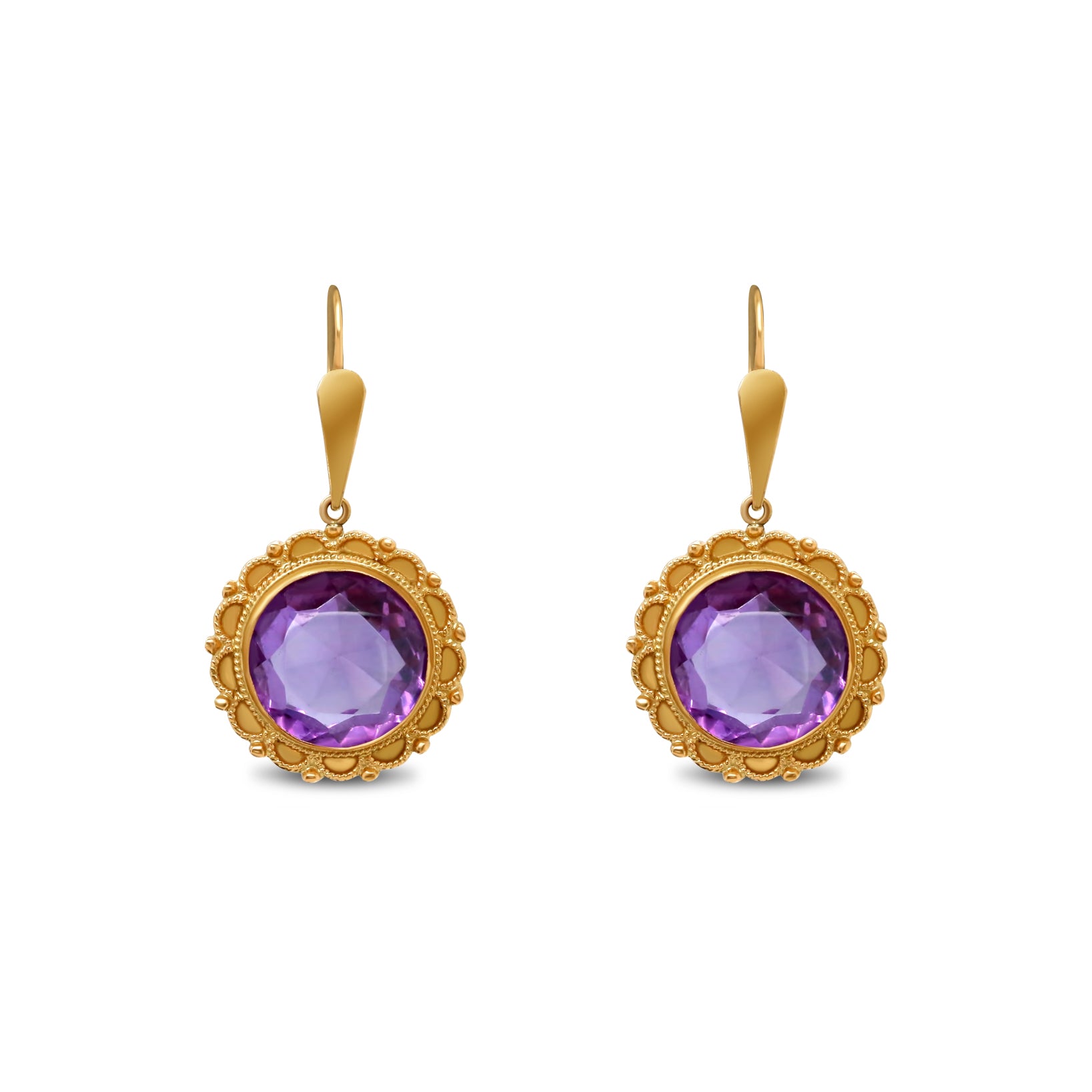 14k yellow gold estate dangle earrings lab grown amethyst with detailing