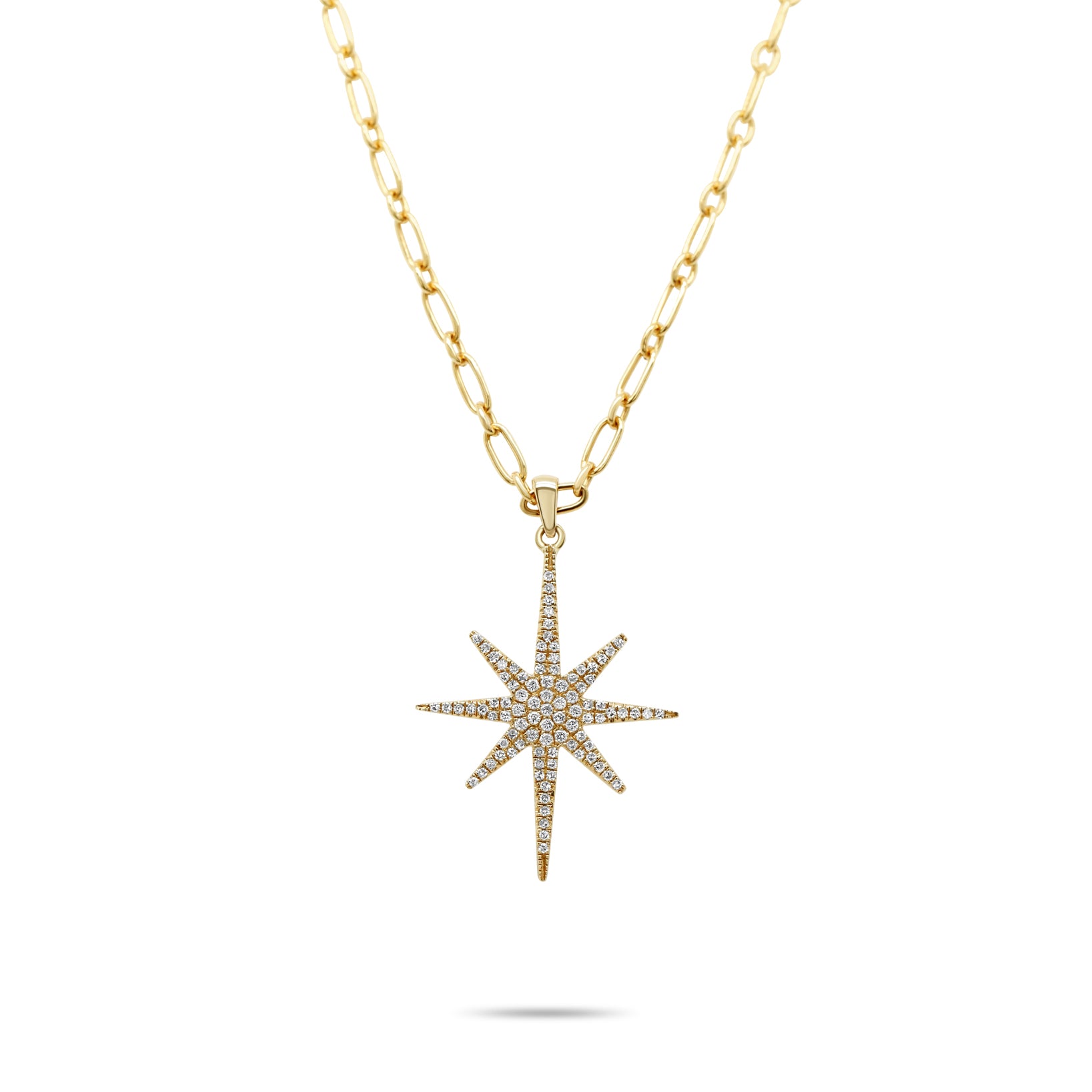 14k yellow gold diamond pave elongated star pendant necklace on anchor chain