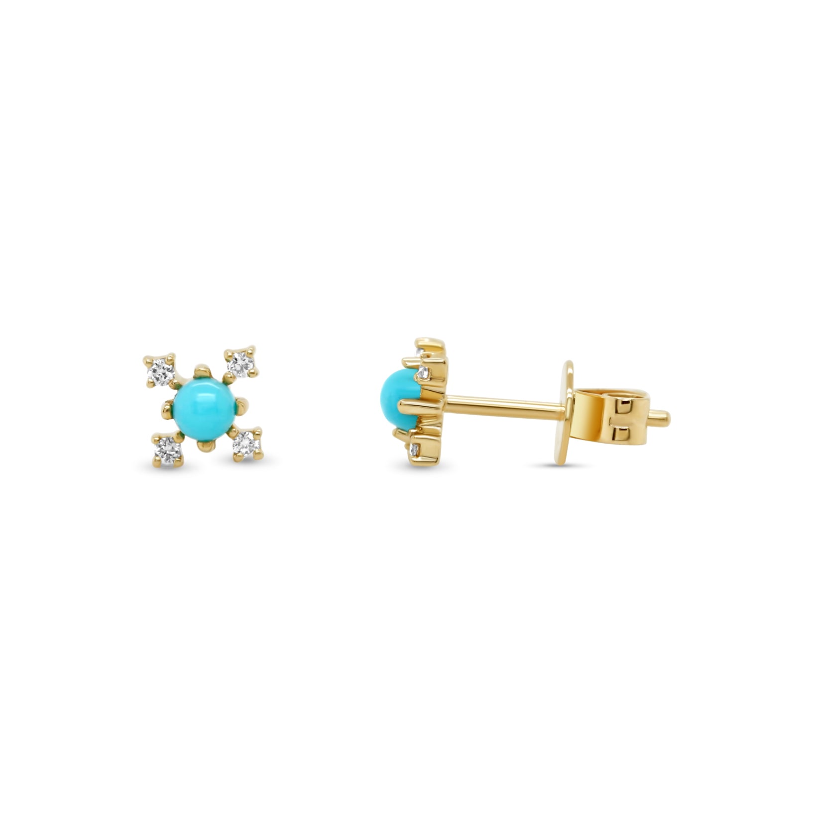 14k yellow gold cabochon turquoise with diamonds stud earrings