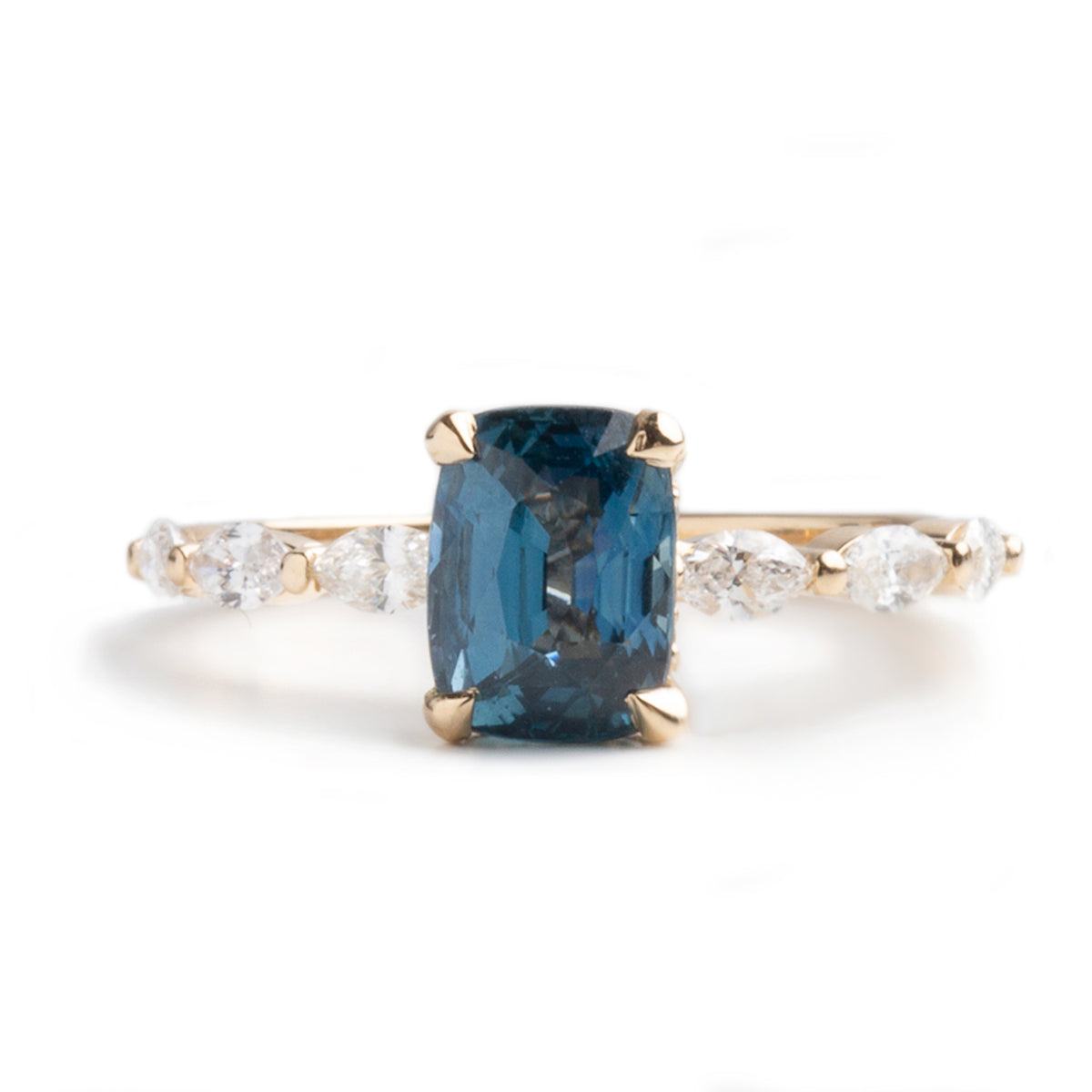 14k yellow gold 2.04ct elongated cushion cut teal sapphire hidden diamond halo marquise diamond band engagement ring