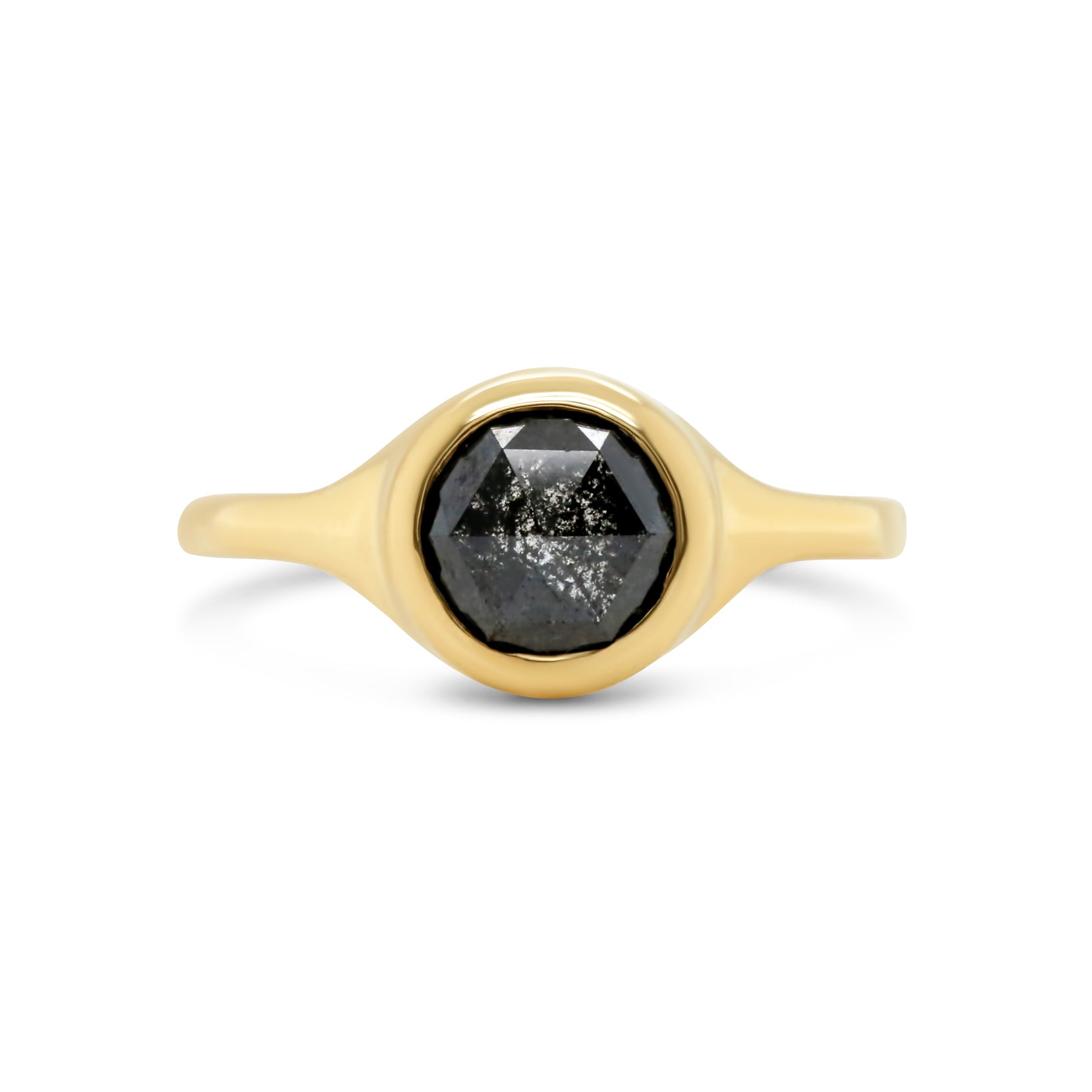 14k yellow gold signet ring with bezel set dark gray round rose cut diamond