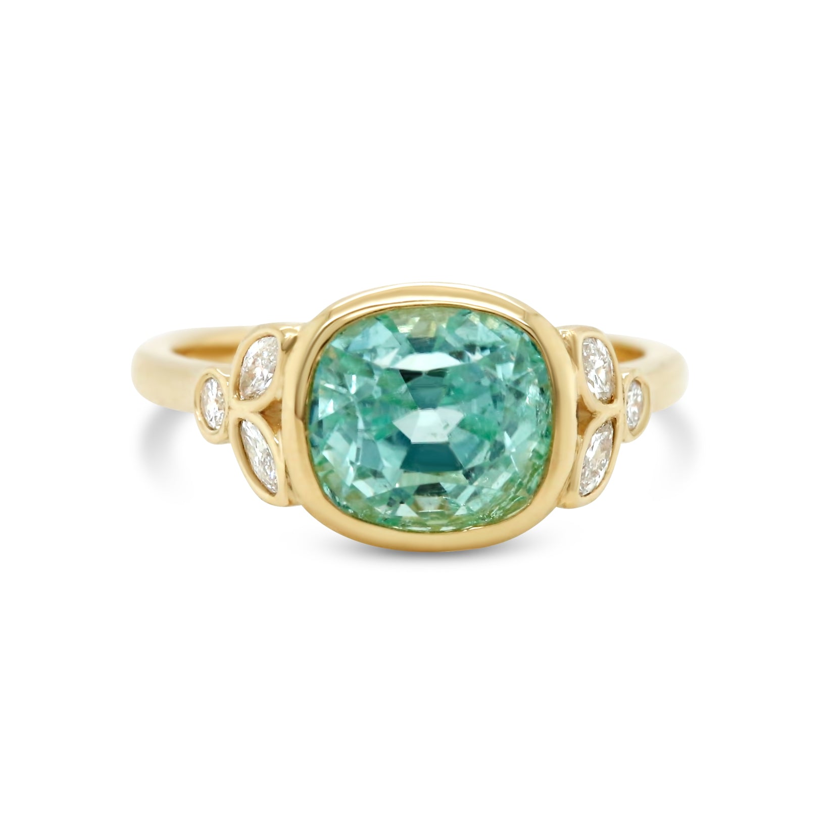 14k yellow gold bezel set seafoam green cushion cut tourmaline marquise round diamond side stones gemstone ring