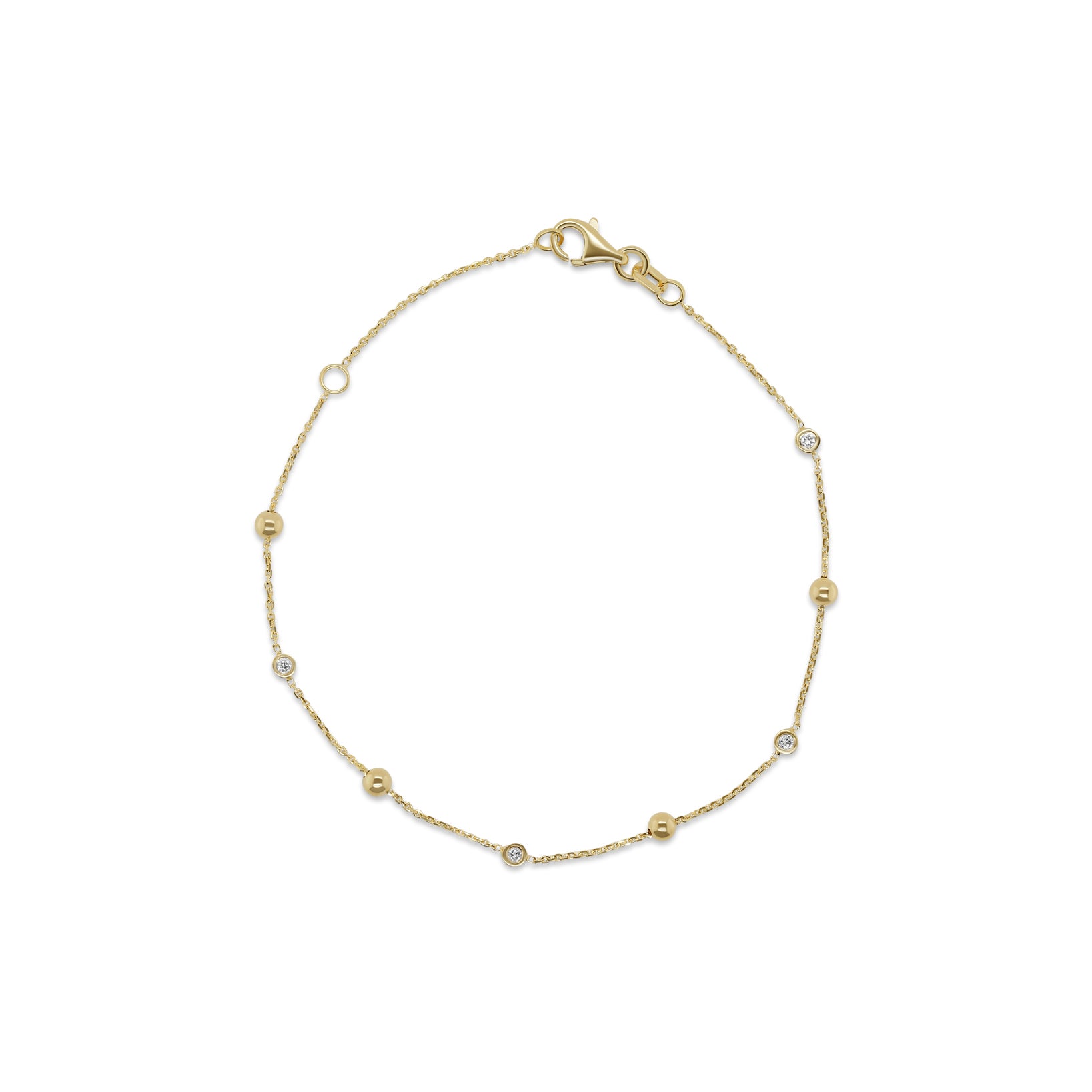 7 inch adjustable 14k yellow gold alternating diamond and gold bead station bracelet