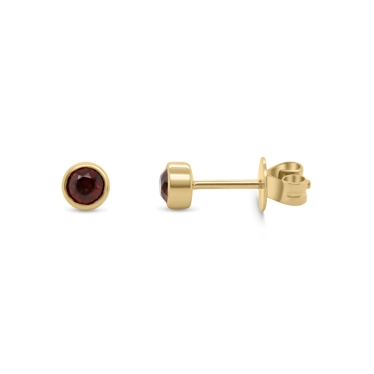 14k yellow gold bezel set round birthstone stud earrings garnet amethyst emerald ruby sapphire citrine