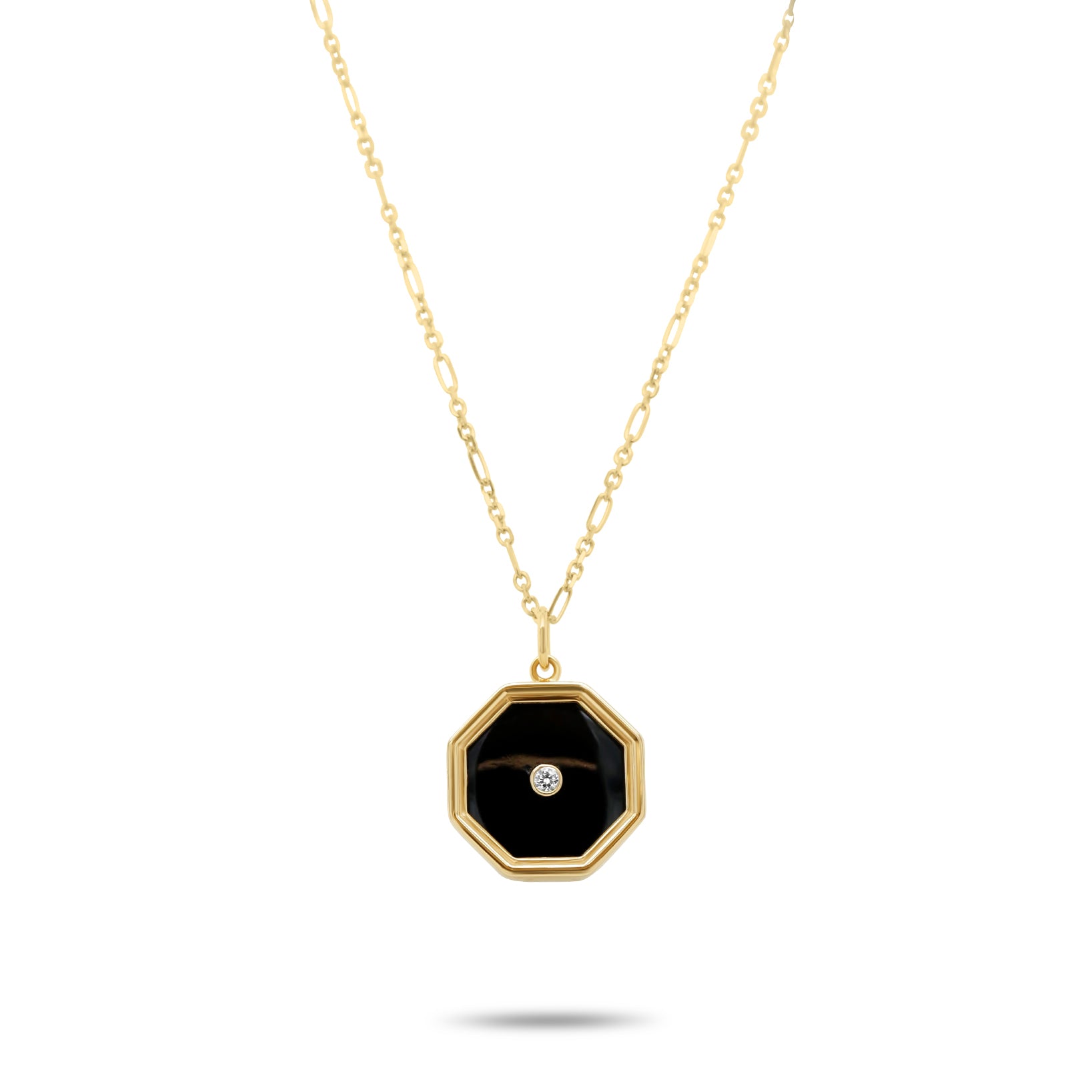 14k yellow gold octagon black onyx with diamond bezel accent pendant necklace on figaro chain