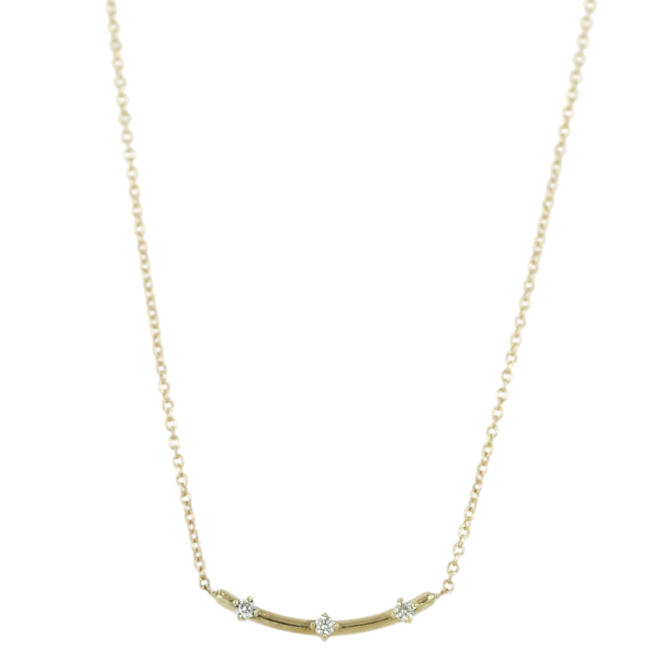 14k yellow gold curved bar diamond necklace with three dainty round diamonds 16in chain