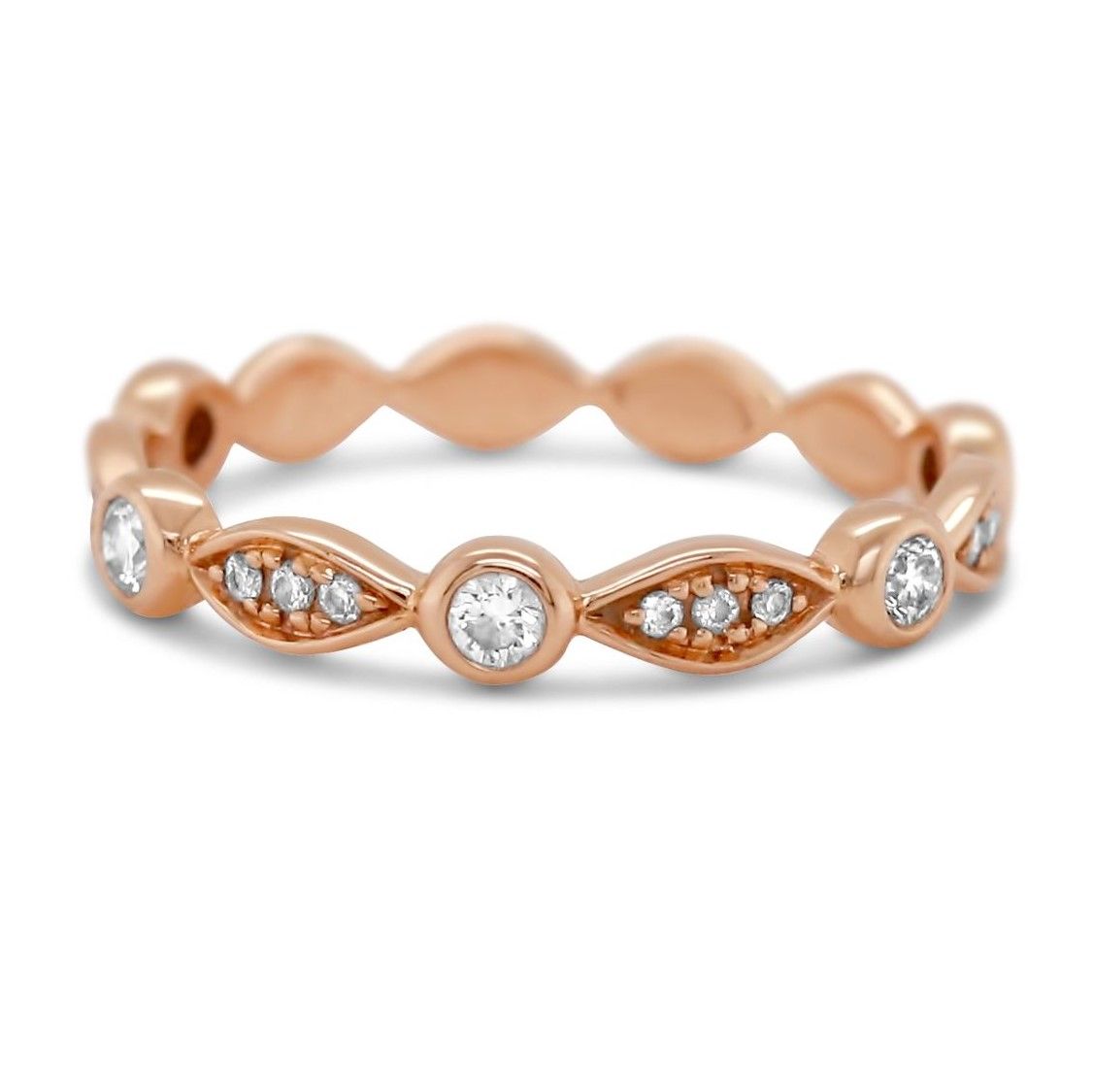 18k rose gold diamond antique eternity style wedding band with bezel and prong set round diamonds