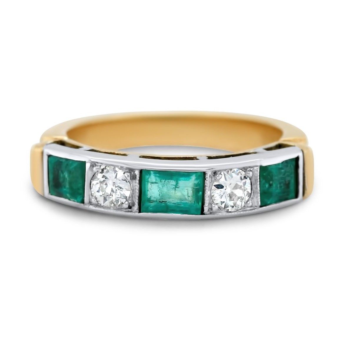 18k yellow and white gold green emerald and diamond antique chunky wedding band