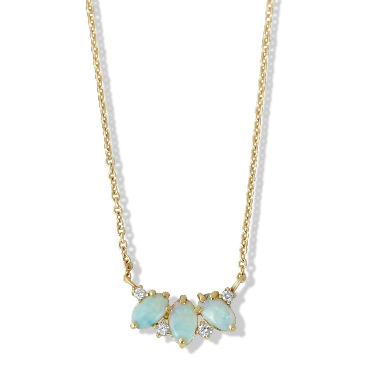 14k yellow gold oval opal cabochon necklace prong set with round brilliant cut diamonds throughout 16in chain