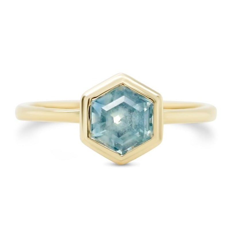 14k yellow gold bezel set hexagon shaped montana sapphire one of a kind ring