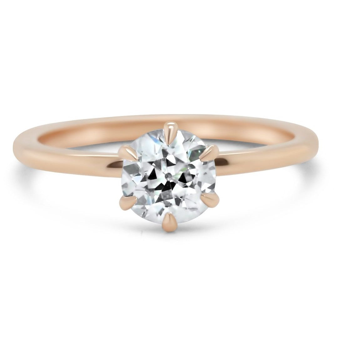 14k peach gold old mine cut diamond engagment ring set with six claw prongs and ready to ship
