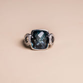 14k white gold bezel set double cut cushion blue topaz diamond pave tear shape side accent modern vintage cocktail ring