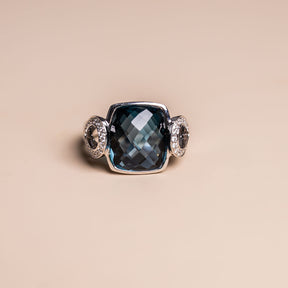 14k white gold bezel set double cut cushion blue topaz diamond pave tear shape side accent modern vintage cocktail ring