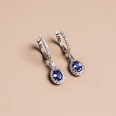 14k white gold oval tanzanite diamond pave dangle earrings modern vintage 