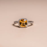 14k white gold cushion cut citrine diamond halo and pave band ring modern vintage