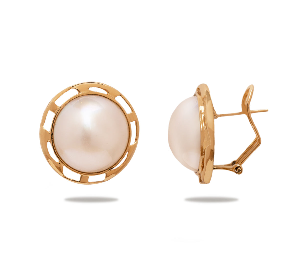 Estate 14k Yellow Gold Pearl Earrings with Gold Cutout Halo