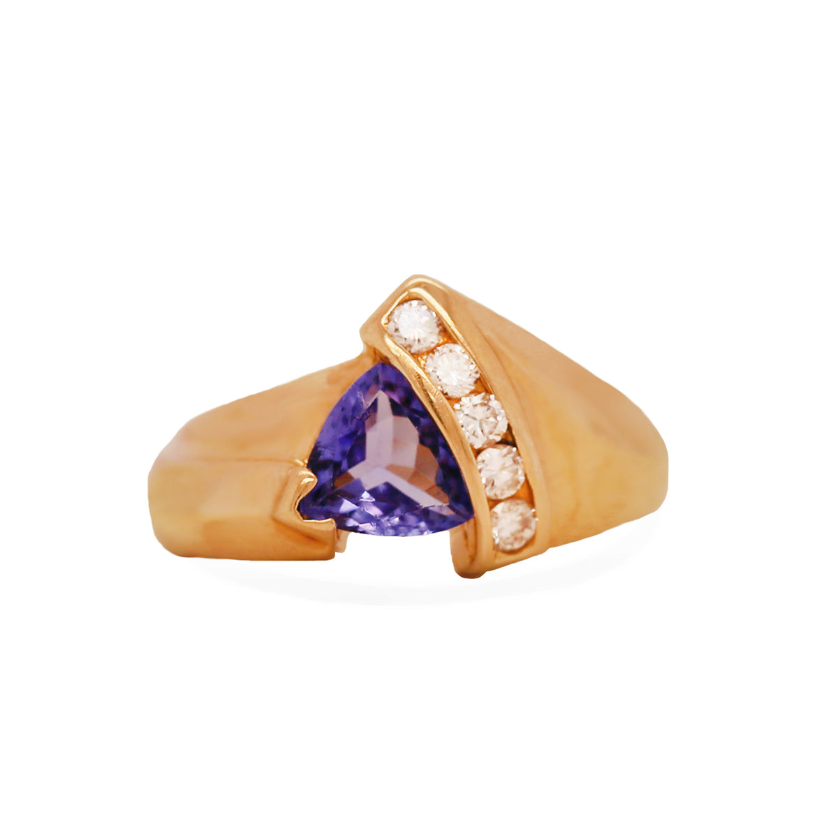 Contemporary Estate 14k Yellow Gold Tanzanite and Diamond Ring