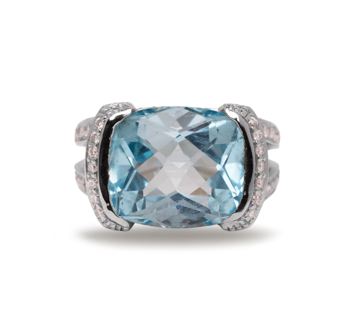 Estate 14k White Gold Blue Topaz with Pave Diamond Split Shank